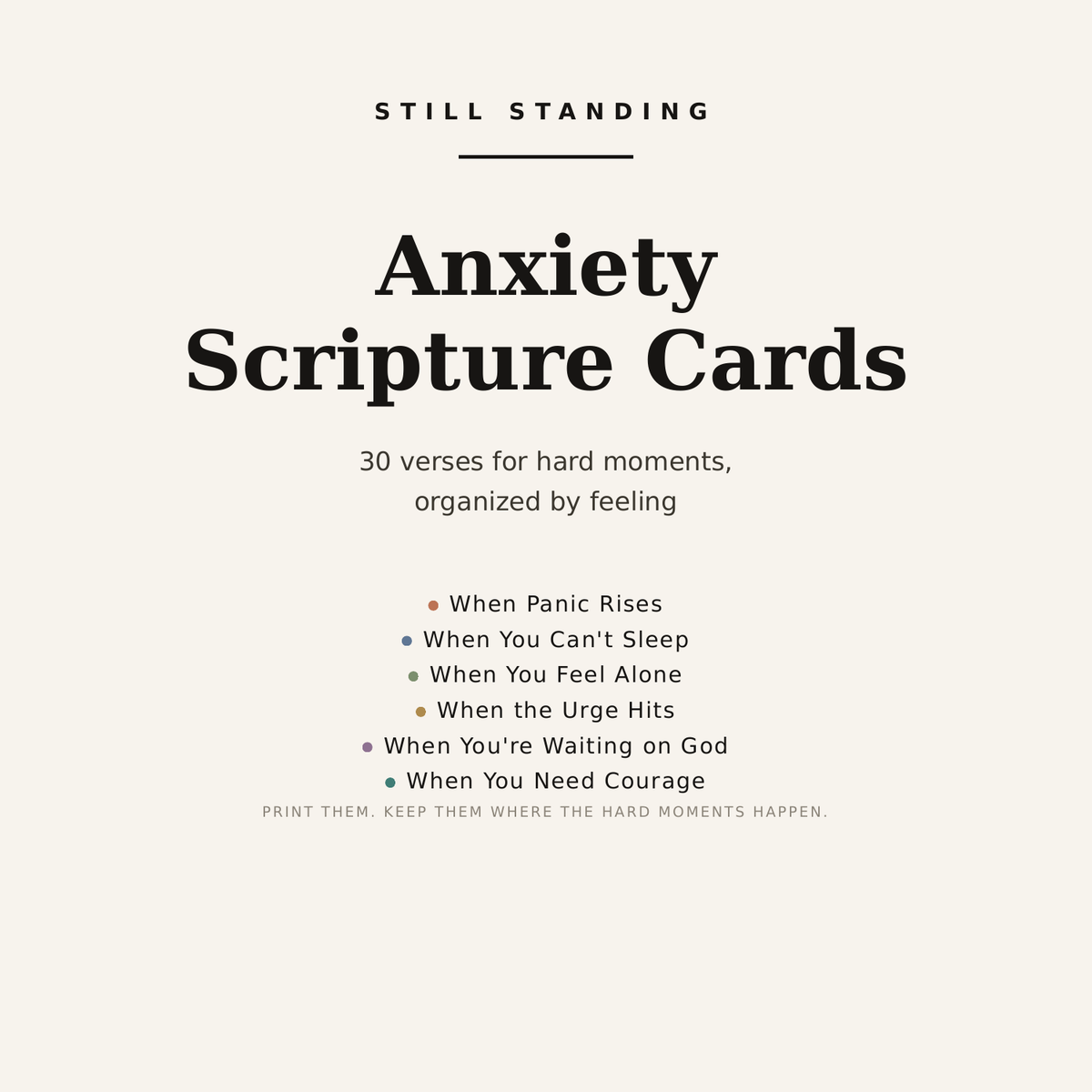 Anxiety Scripture Cards — cover: 30 verses for hard moments, organized by feeling