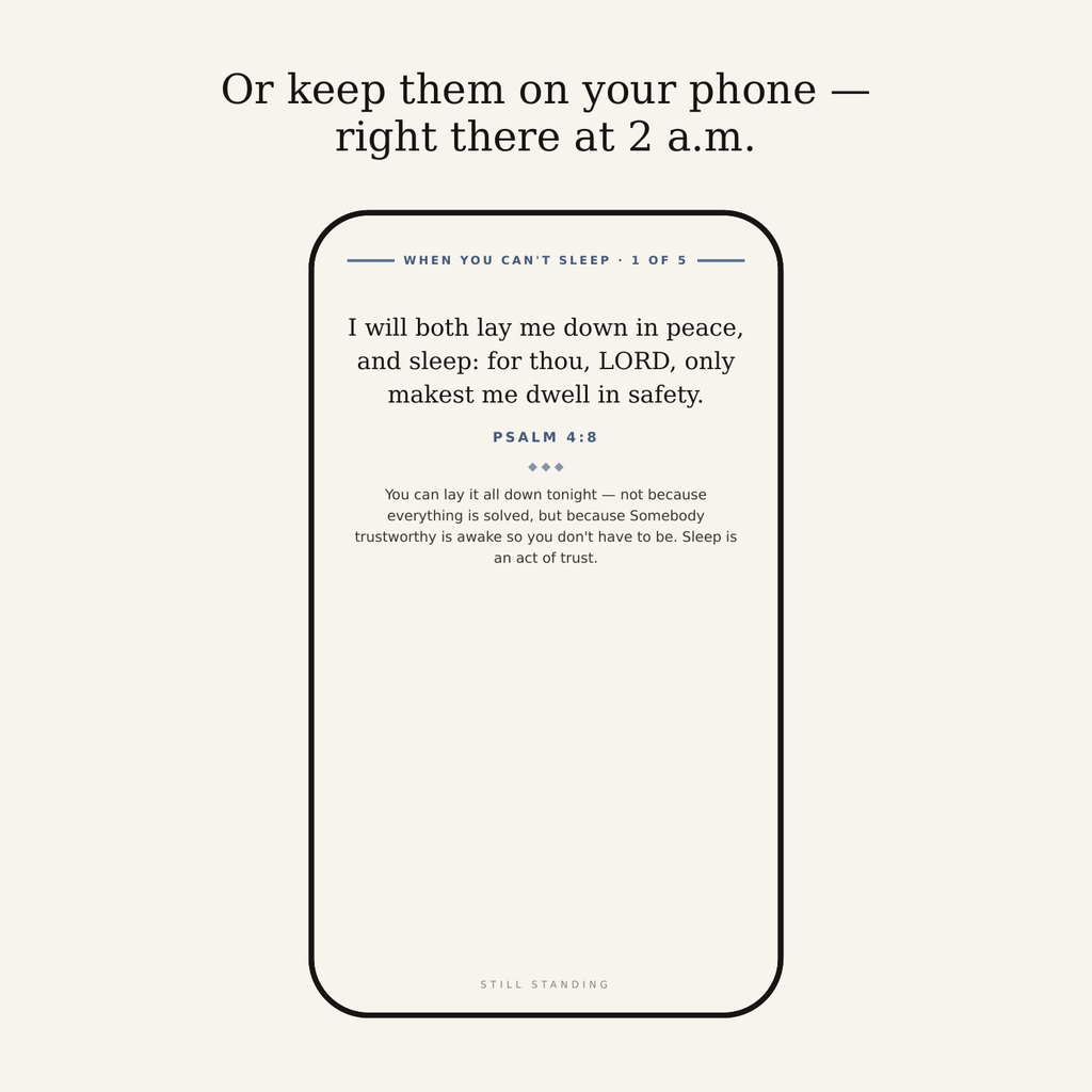 The phone file — one card per page, Psalm 4:8 for sleepless nights