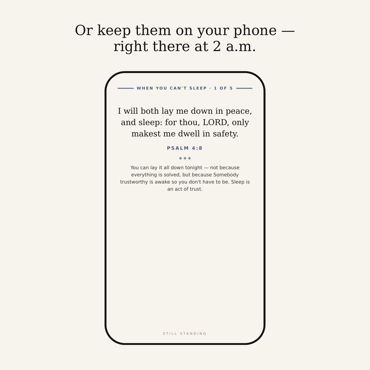 The phone file — one card per page, Psalm 4:8 for sleepless nights