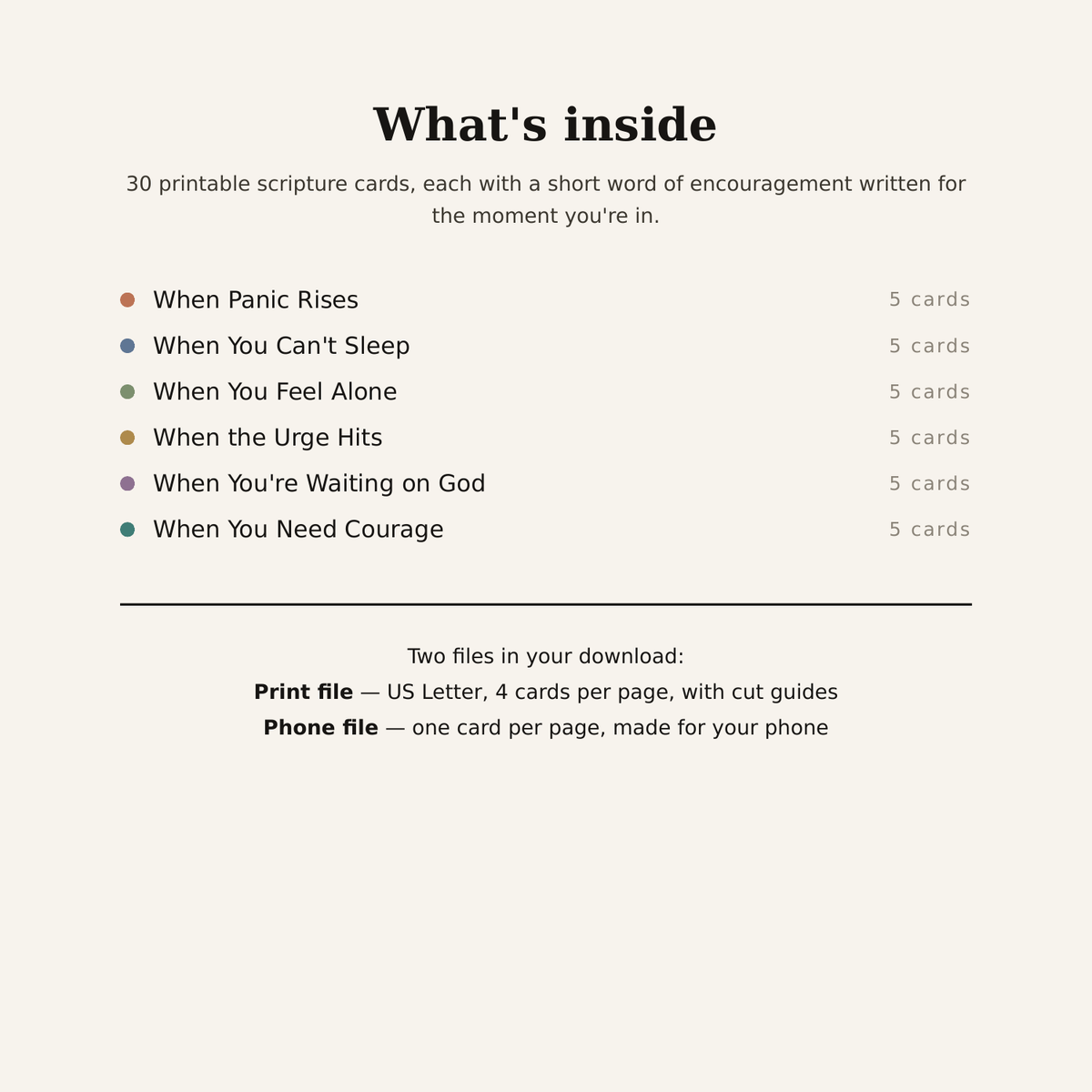 What's inside: all six feelings, five cards each, print + phone files