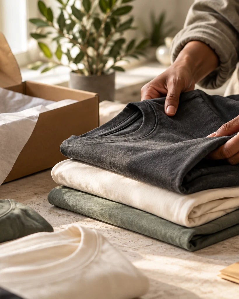 Folded neutral T-shirts being carefully prepared for an order