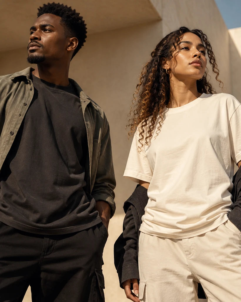 Two models in understated contemporary apparel for the Still Standing collection