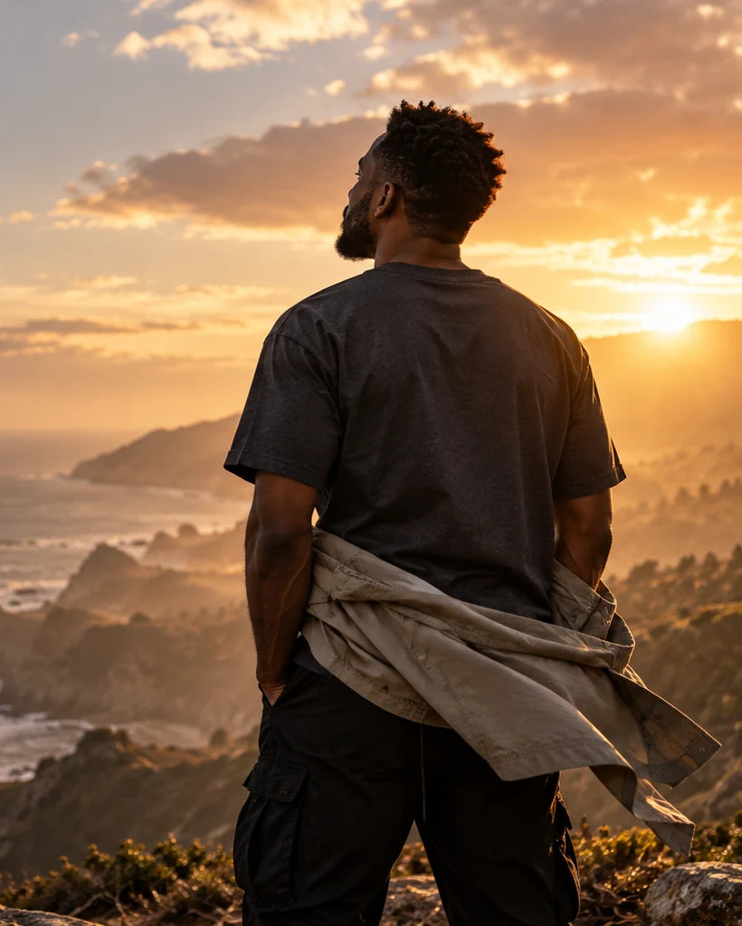 A person looking toward the coast at sunset, reflecting resilience and possibility